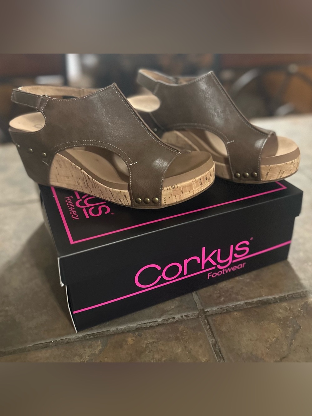 Corkys Carley Chestnut Open-Toe Cork Wedge Sandals